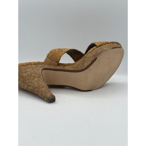 Ann Marino Womens Size 7.5 Tan Woven Mule Heels With Cork Platform - Picture 6 of 7